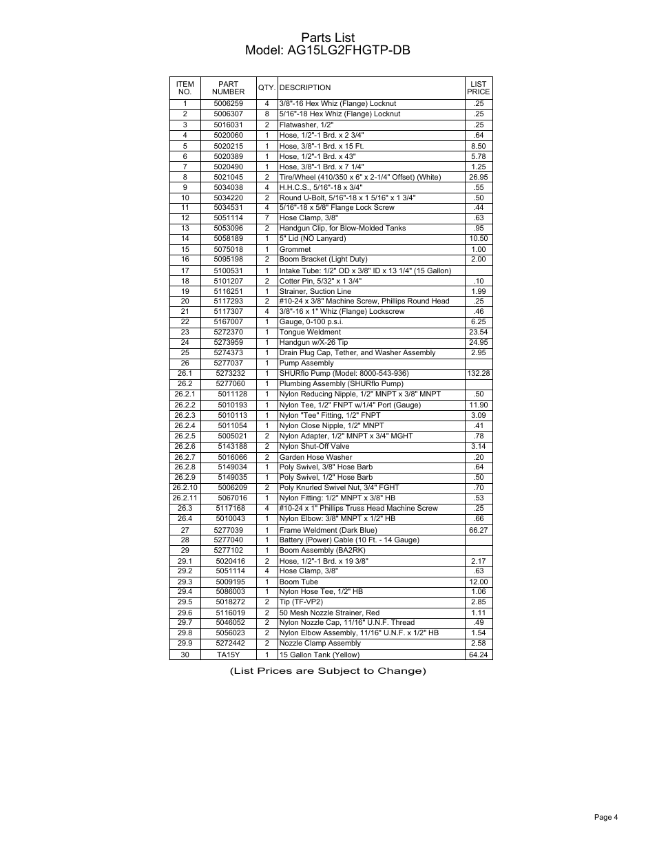 Sheet4, Drawing view8, Parts list model: ag15lg2fhgtp-db | Ag Spray Equipment AG15LG2FHGTP-DB User Manual | Page 4 / 4