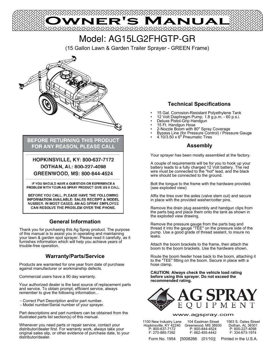 Ag Spray Equipment AG15LG2FHGTP-GR User Manual | 4 pages