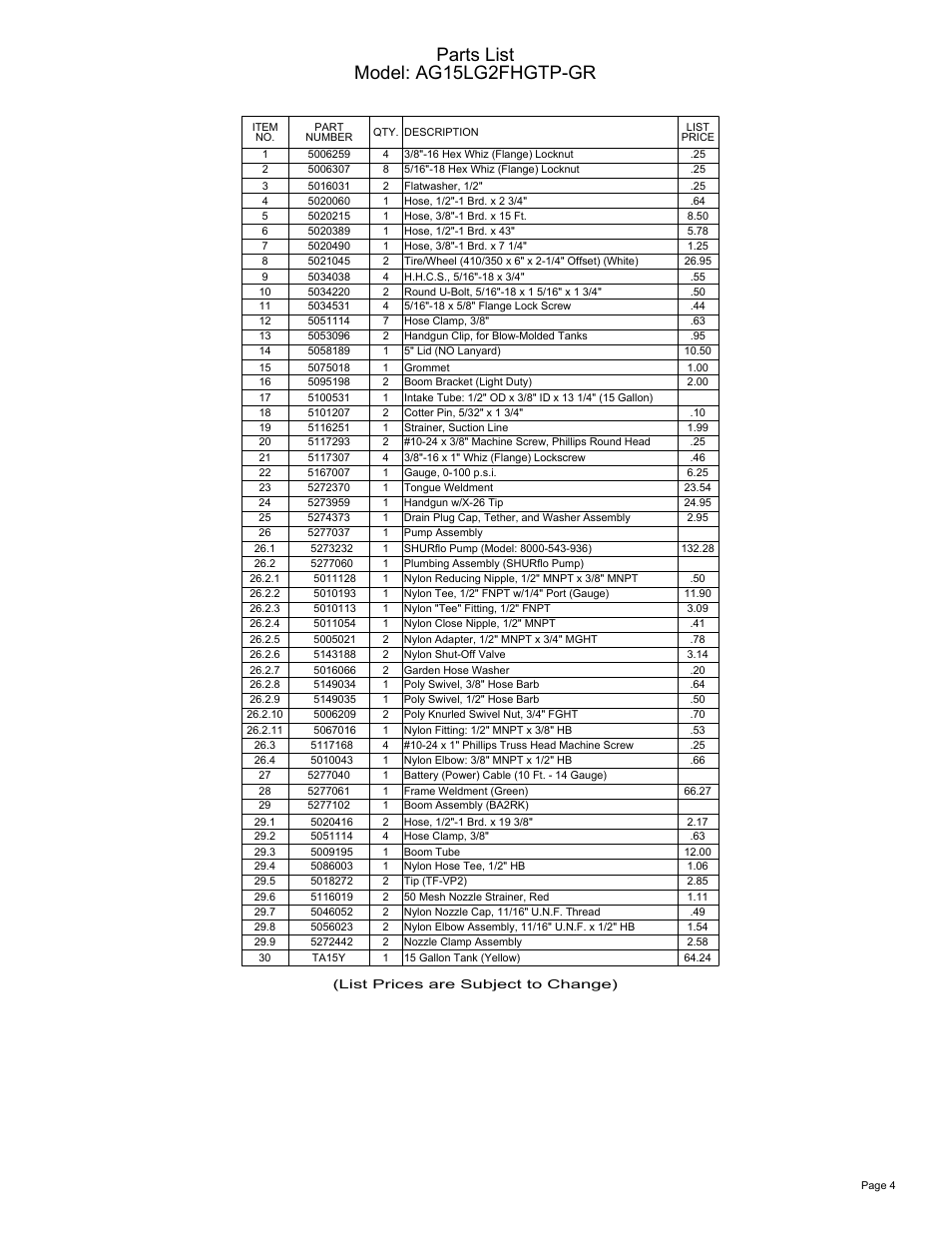 Sheet4, Drawing view8, Parts list model: ag15lg2fhgtp-gr | Ag Spray Equipment AG15LG2FHGTP-GR User Manual | Page 4 / 4