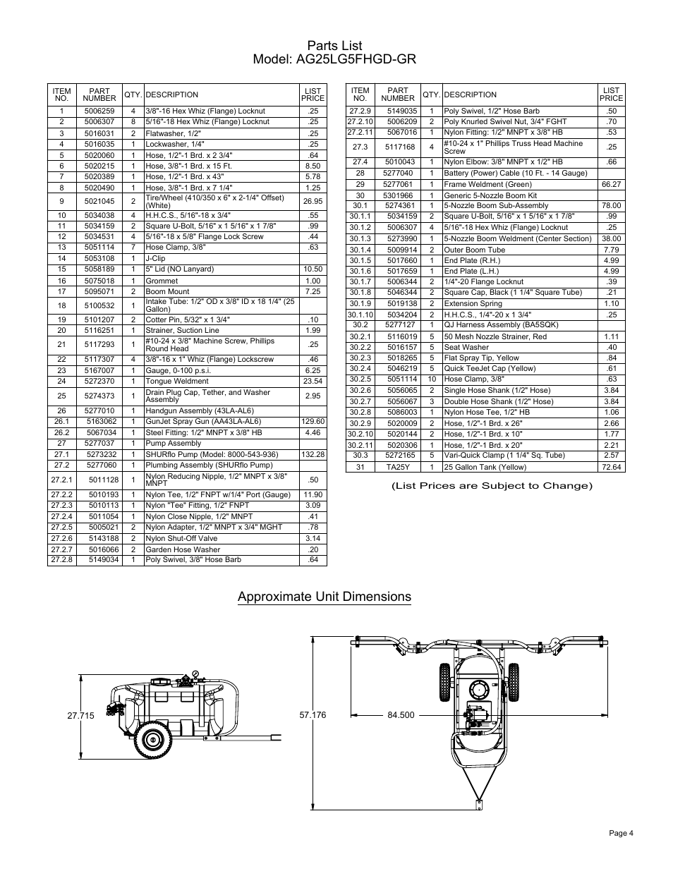 Sheet4, Drawing view5, Drawing view7 | Approximate unit dimensions, Parts list model: ag25lg5fhgd-gr | Ag Spray Equipment AG25LG5FHGD-GR User Manual | Page 4 / 4