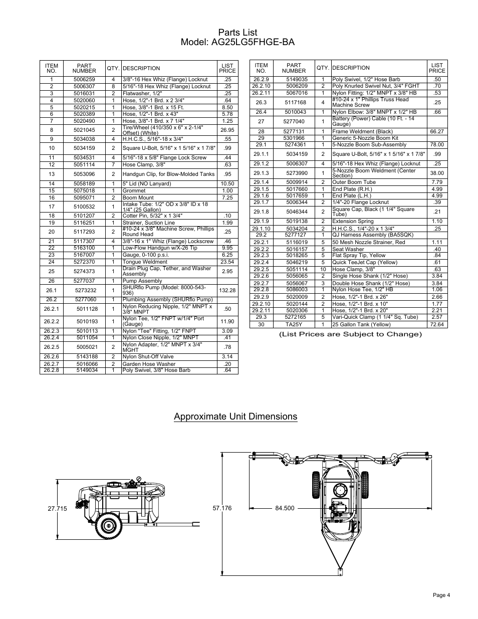 Sheet4, Drawing view5, Drawing view7 | Approximate unit dimensions, Parts list model: ag25lg5fhge-ba | Ag Spray Equipment AG25LG5FHGE-BA User Manual | Page 4 / 4