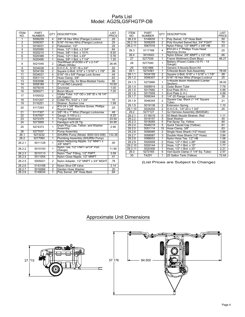 Sheet4, Drawing view5, Drawing view7 | Approximate unit dimensions, Parts list model: ag25lg5fhgtp-db | Ag Spray Equipment AG25LG5FHGTP-DB User Manual | Page 4 / 4