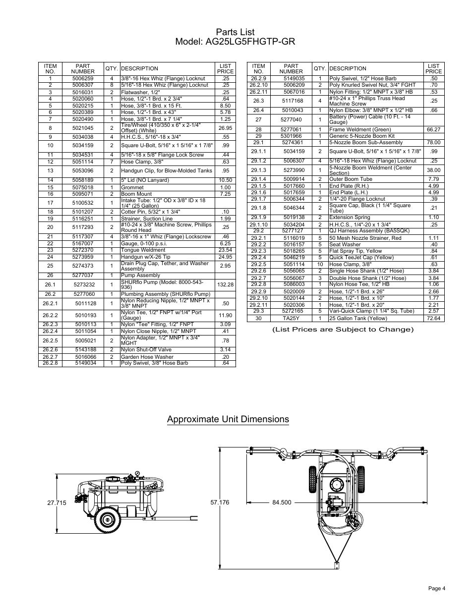 Sheet4, Drawing view5, Drawing view7 | Approximate unit dimensions, Parts list model: ag25lg5fhgtp-gr | Ag Spray Equipment AG25LG5FHGTP-GR User Manual | Page 4 / 4