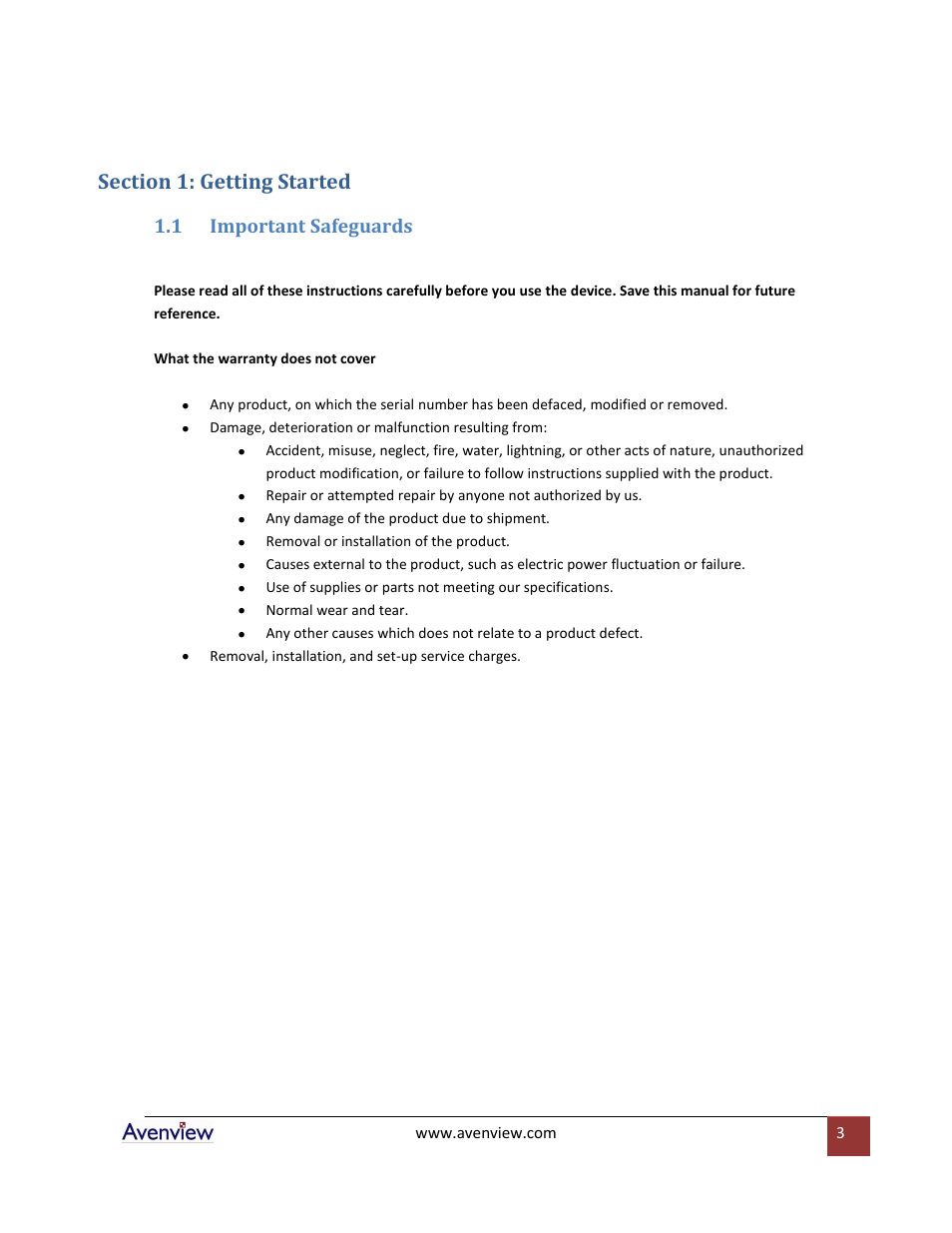 Section 1: getting started, Important safeguards, 1 important safeguards | Avenview FO-DVI-1080LC-Set User Manual | Page 3 / 8