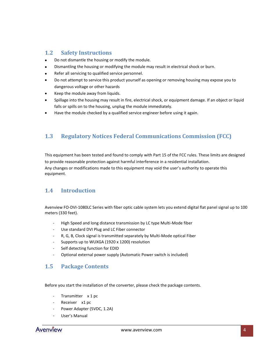 Safety instructions, Introduction, Package contents | 2 safety instructions, 4 introduction, 5 package contents | Avenview FO-DVI-1080LC-Set User Manual | Page 4 / 8