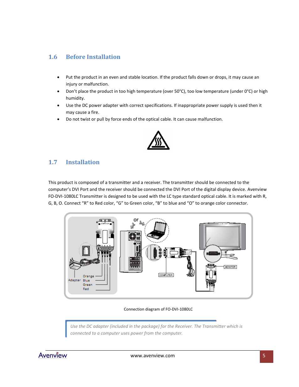 Before installation, Installation, 6 before installation | 7 installation | Avenview FO-DVI-1080LC-Set User Manual | Page 5 / 8