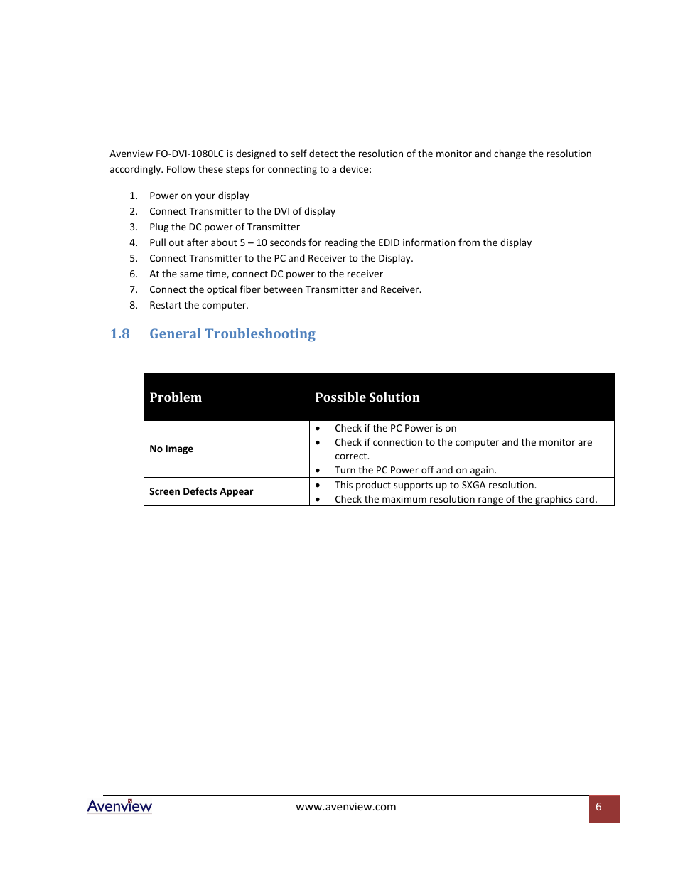 General troubleshooting, 8 general troubleshooting | Avenview FO-DVI-1080LC-Set User Manual | Page 6 / 8