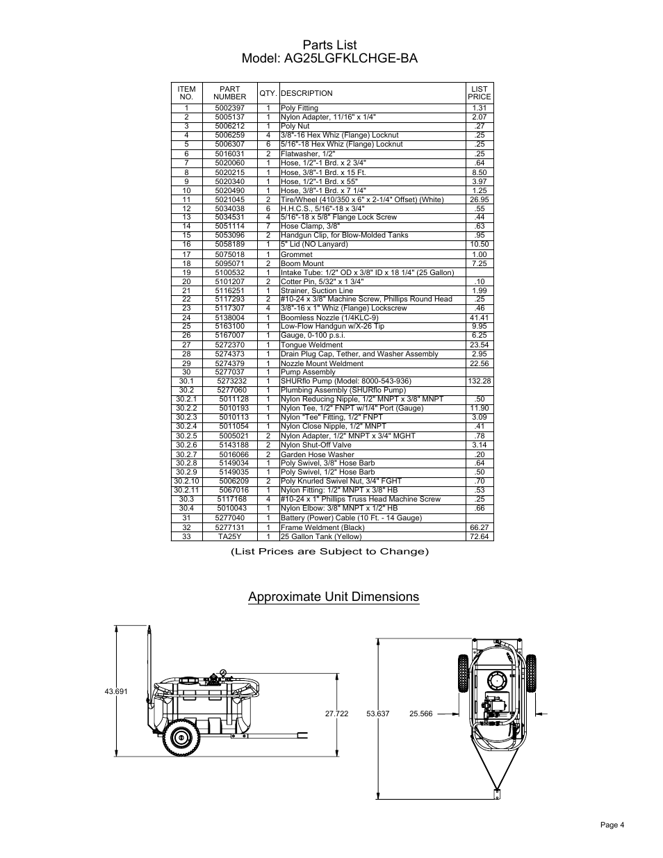 Sheet4, Drawing view5, Drawing view7 | Approximate unit dimensions, Parts list model: ag25lgfklchge-ba | Ag Spray Equipment AG25LGFKLCHGE-BA User Manual | Page 4 / 4