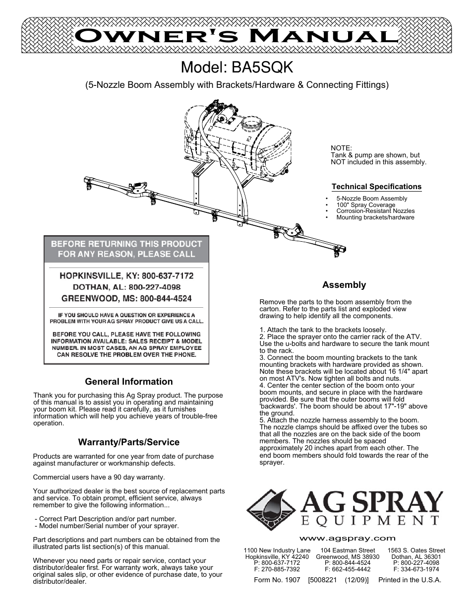 Ag Spray Equipment BA5SQK User Manual | 3 pages