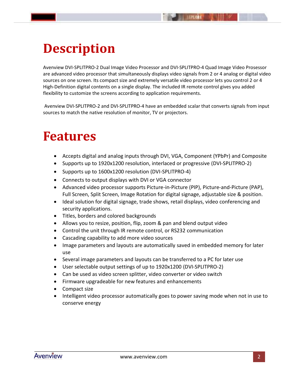 Description, Features | Avenview DVI-SPLITPRO-4 User Manual | Page 2 / 5