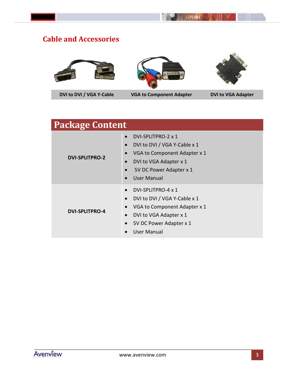 Package content, Cable and accessories | Avenview DVI-SPLITPRO-4 User Manual | Page 3 / 5
