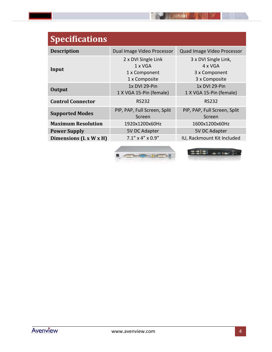 Specifications | Avenview DVI-SPLITPRO-4 User Manual | Page 4 / 5