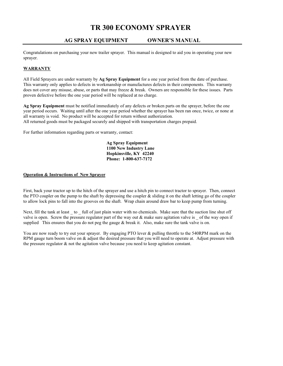 Tr 300 economy sprayer | Ag Spray Equipment TR300E User Manual | Page 2 / 8