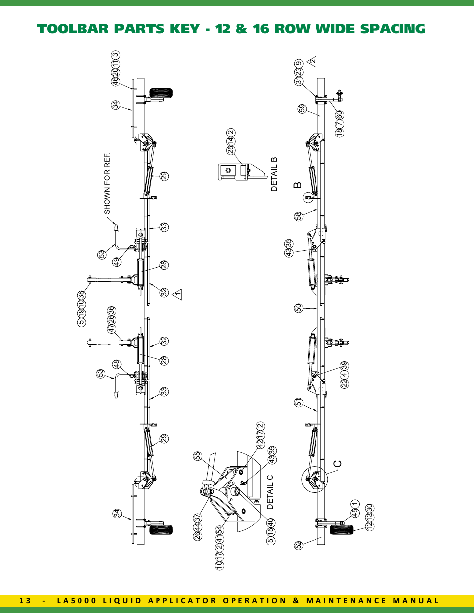 Toolbar parts key - 12 & 16 row wide spacing | Ag Spray Equipment LA5000 Liquid Applicator User Manual | Page 14 / 20