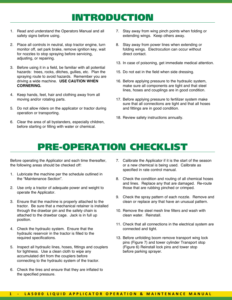 Introduction, Pre-operation checklist | Ag Spray Equipment LA5000 Liquid Applicator User Manual | Page 2 / 20