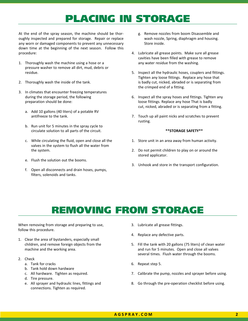 Placing in storage, Removing from storage | Ag Spray Equipment LA5000 Liquid Applicator User Manual | Page 3 / 20