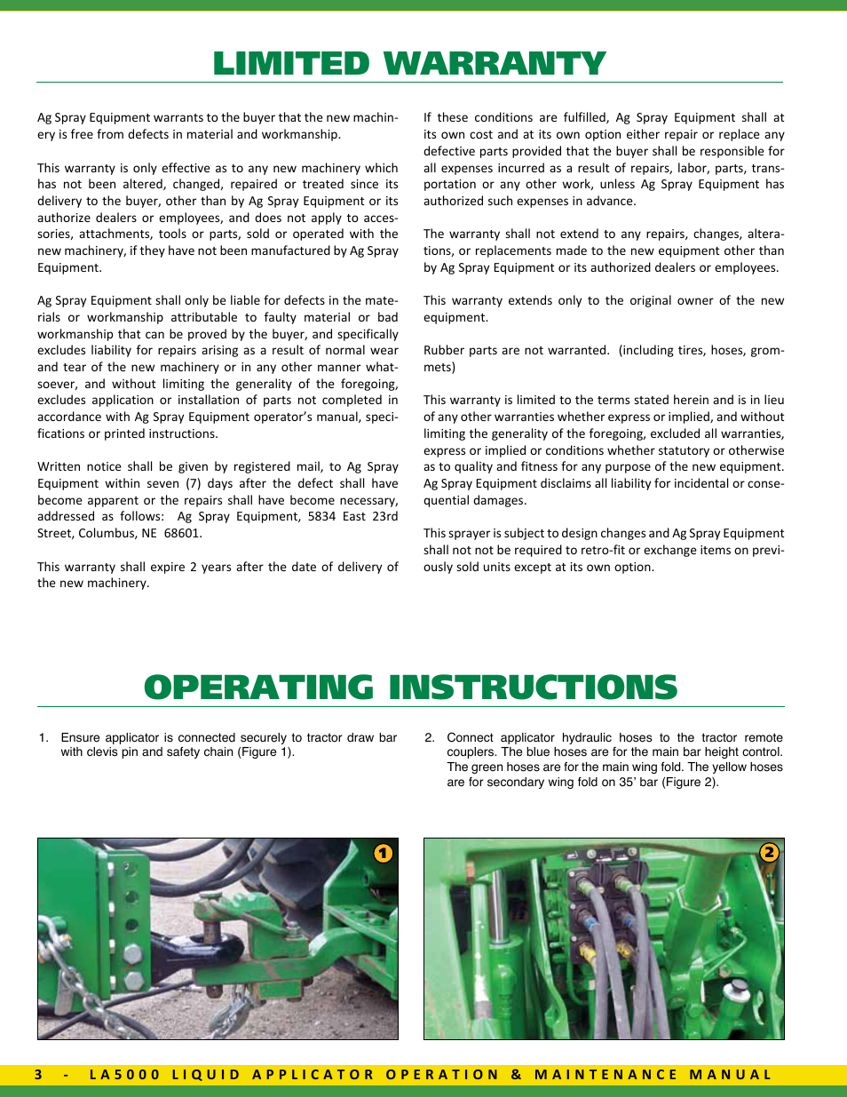 Operating instructions, Limited warranty | Ag Spray Equipment LA5000 Liquid Applicator User Manual | Page 4 / 20