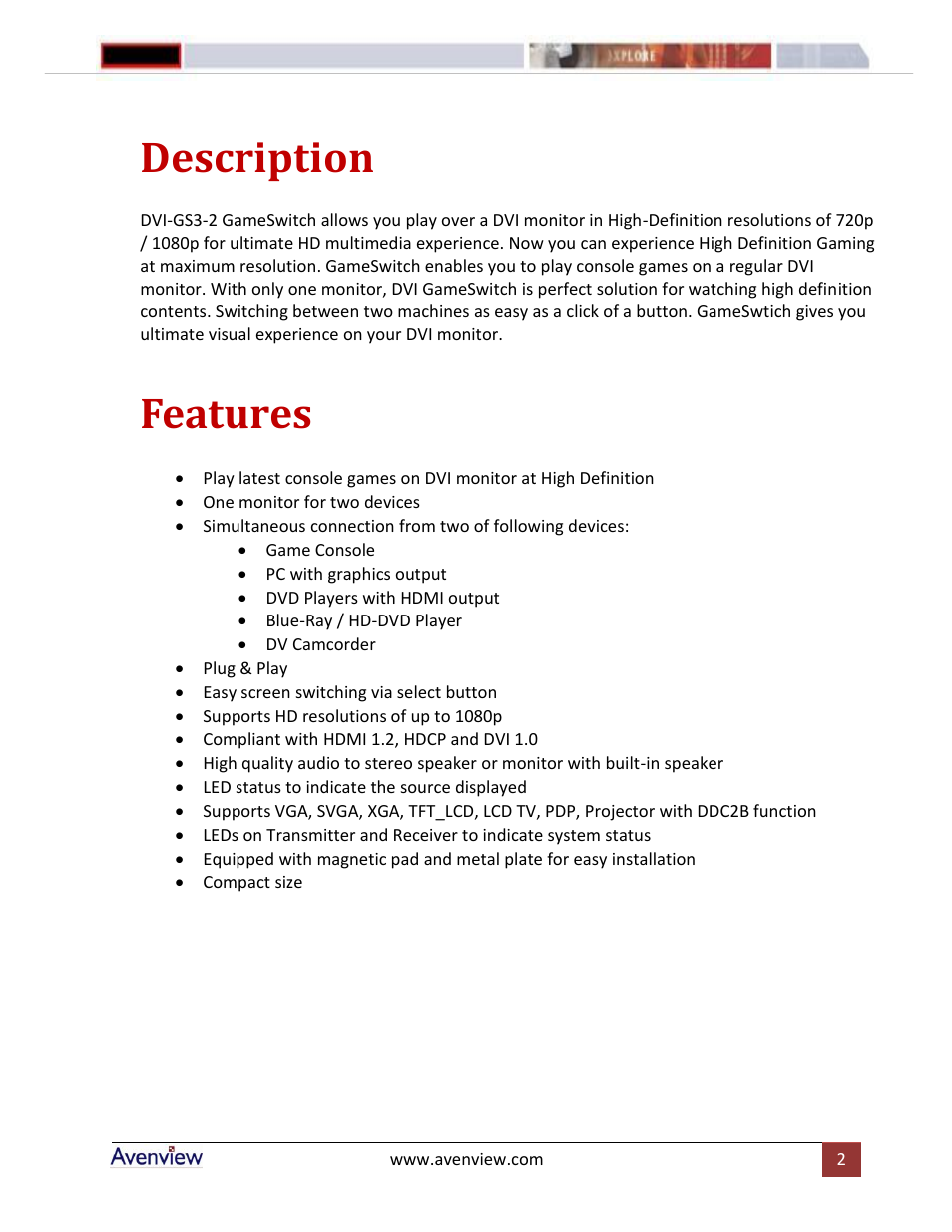 Description, Features | Avenview DVI-GS3 Series User Manual | Page 2 / 6