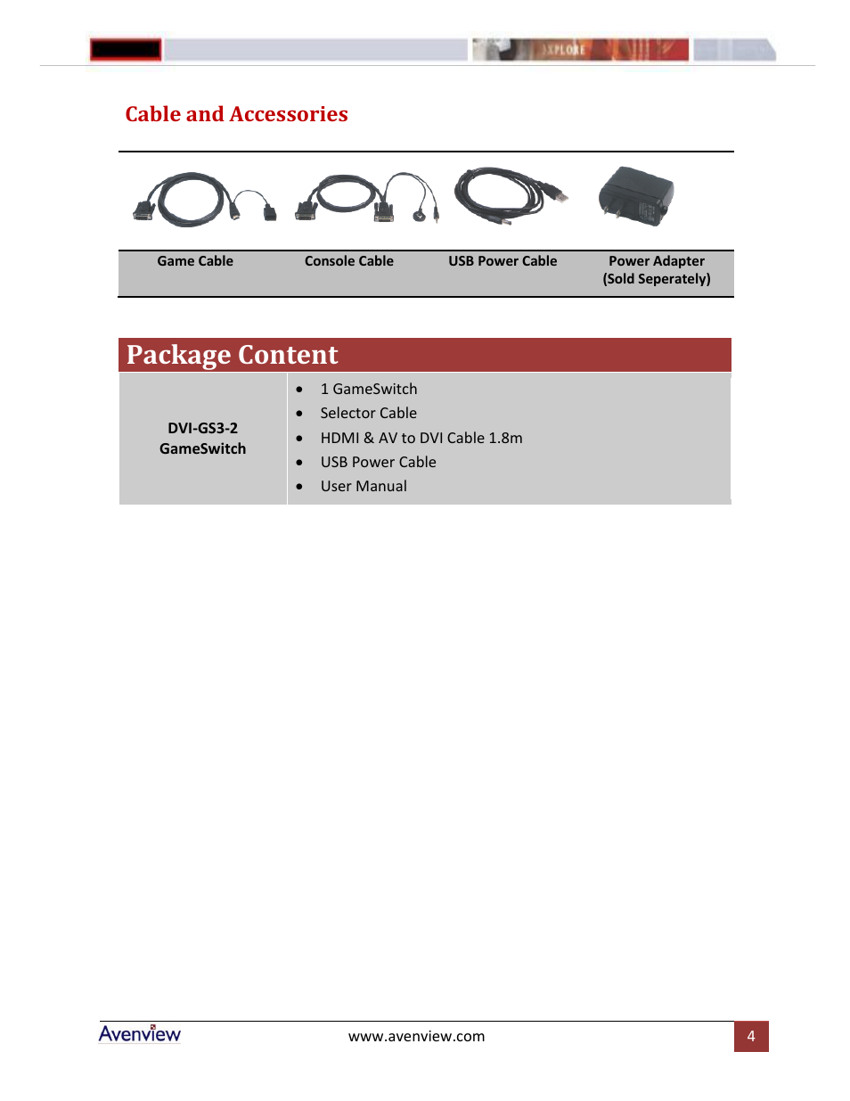 Cable and accessories, Package content | Avenview DVI-GS3 Series User Manual | Page 4 / 6