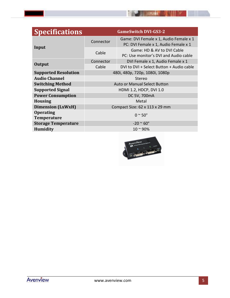 Specifications | Avenview DVI-GS3 Series User Manual | Page 5 / 6