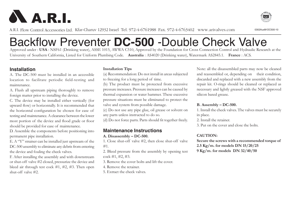 A.R.I. DC500 EN User Manual | 2 pages