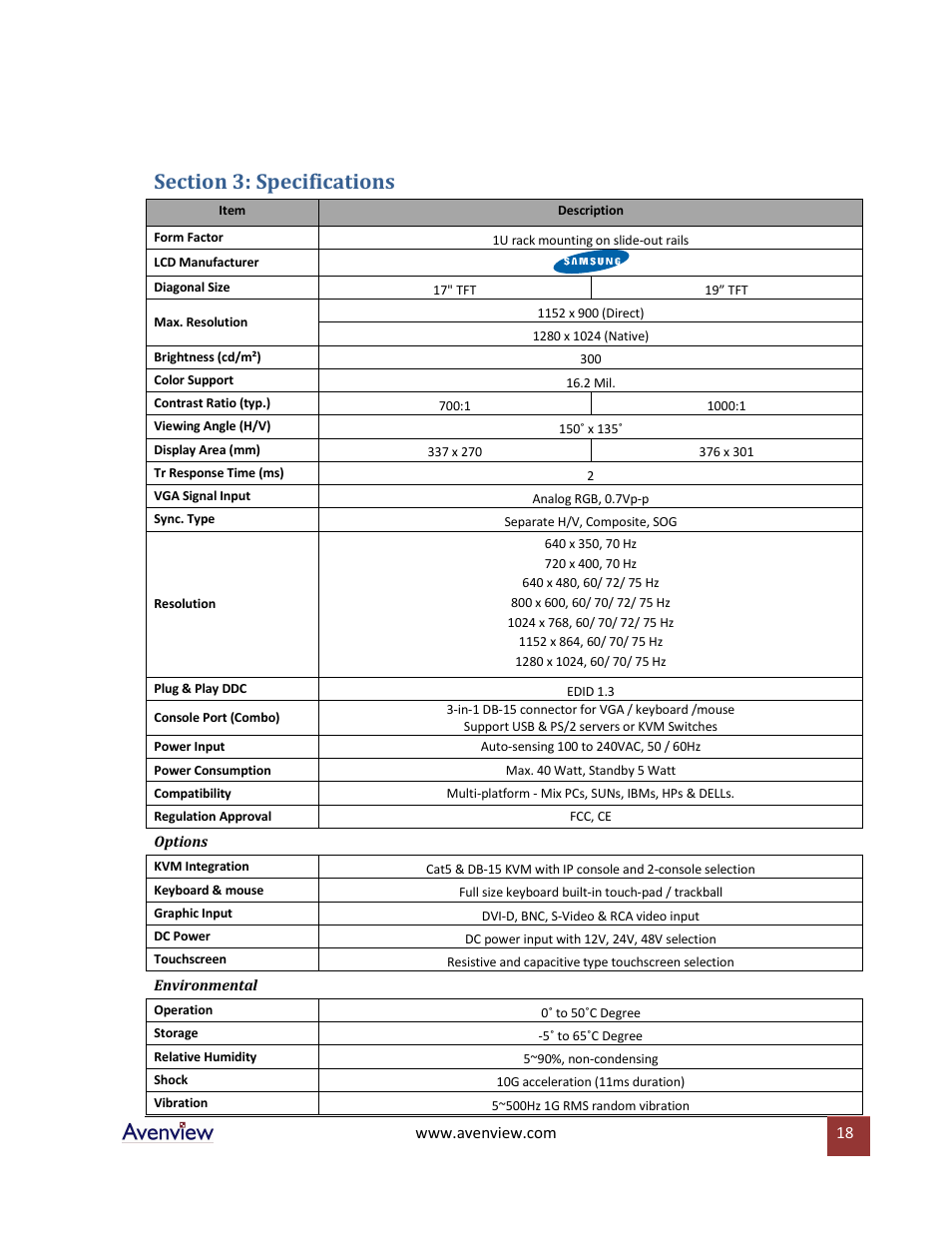 Section 3: specifications | Avenview Rackmount Keyboard Drawer RSUN-N17 User Manual | Page 18 / 23