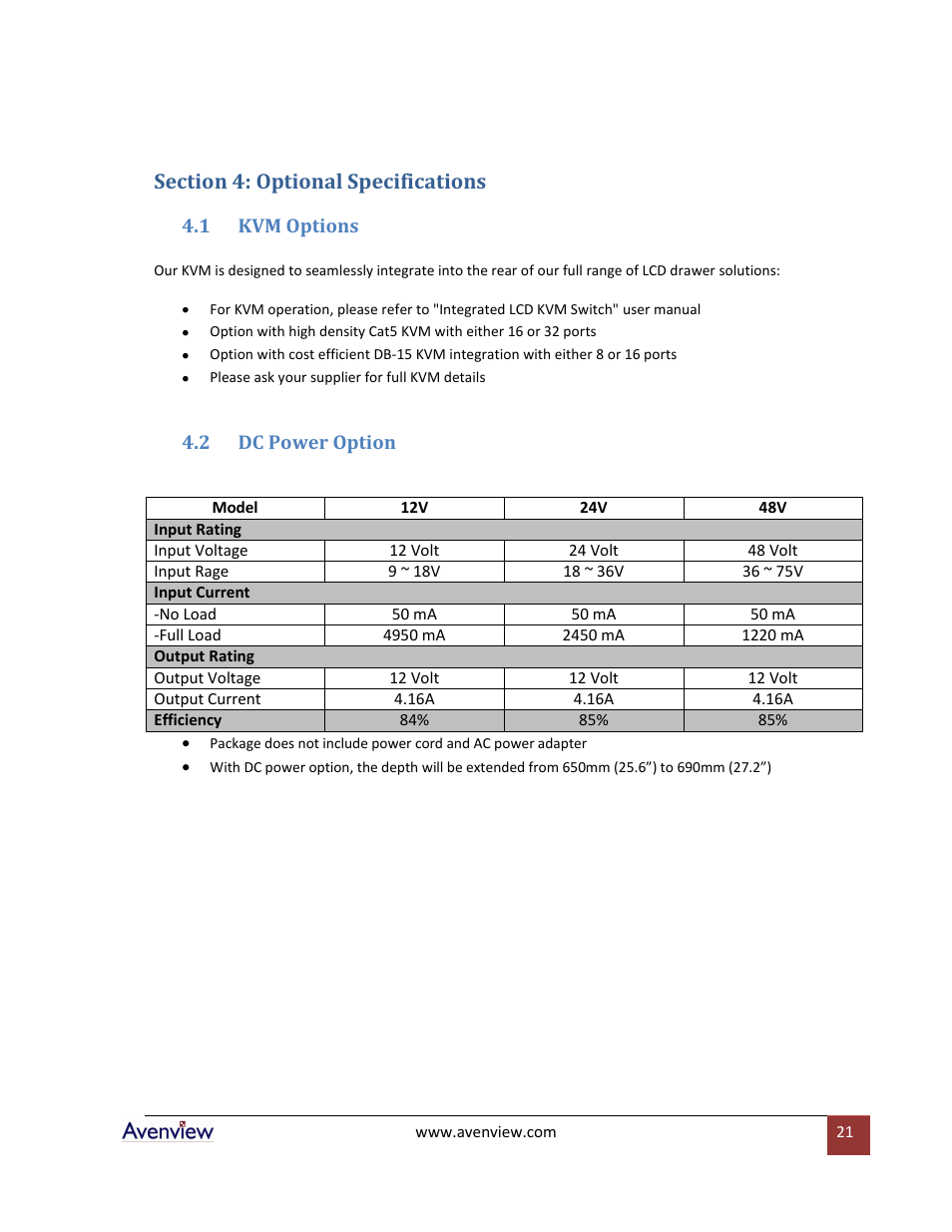 Section 4: optional specifications, Kvm options, Dc power option | Avenview Rackmount Keyboard Drawer RSUN-N17 User Manual | Page 21 / 23