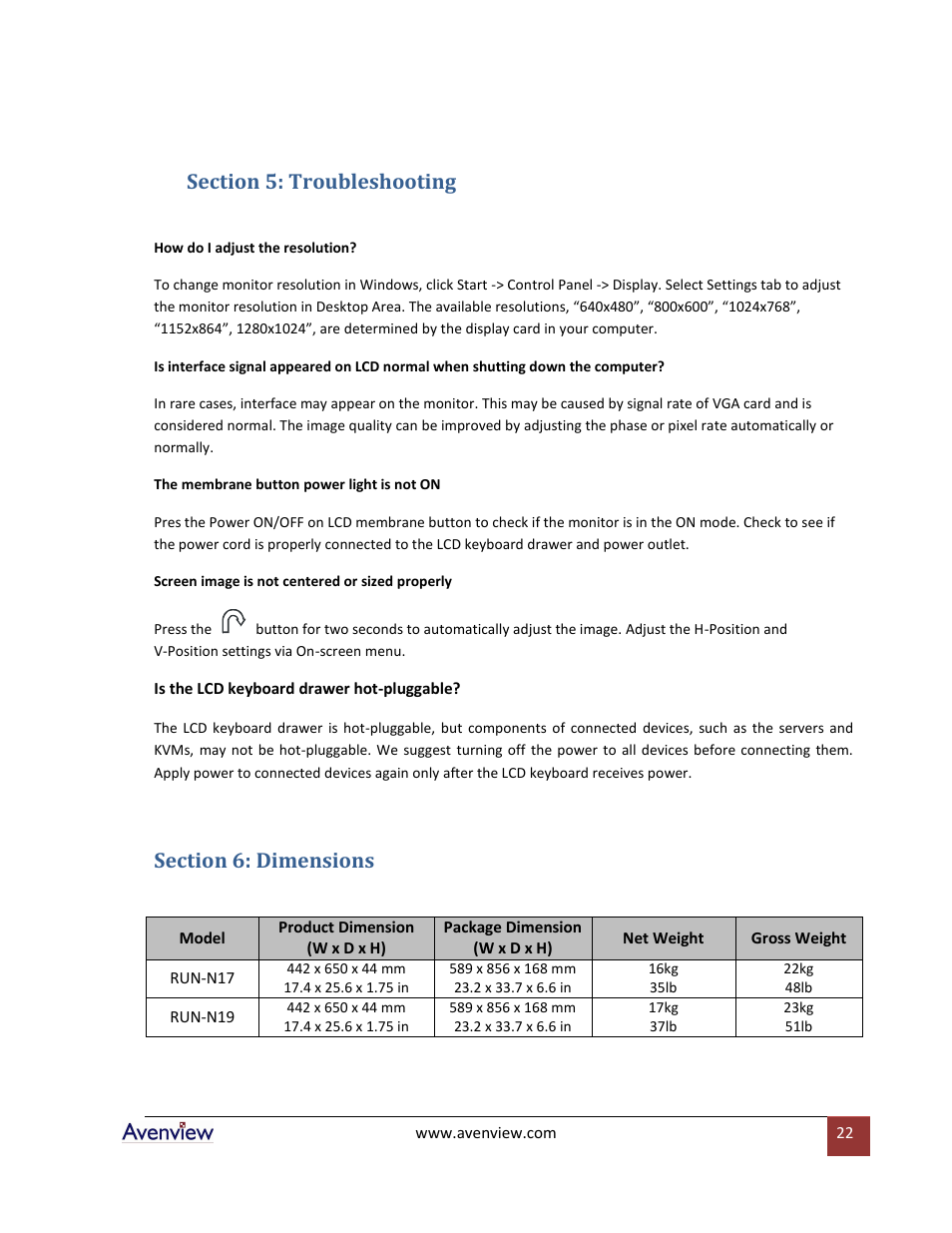 Section 5: troubleshooting, Section 6: dimensions | Avenview Rackmount Keyboard Drawer RSUN-N17 User Manual | Page 22 / 23