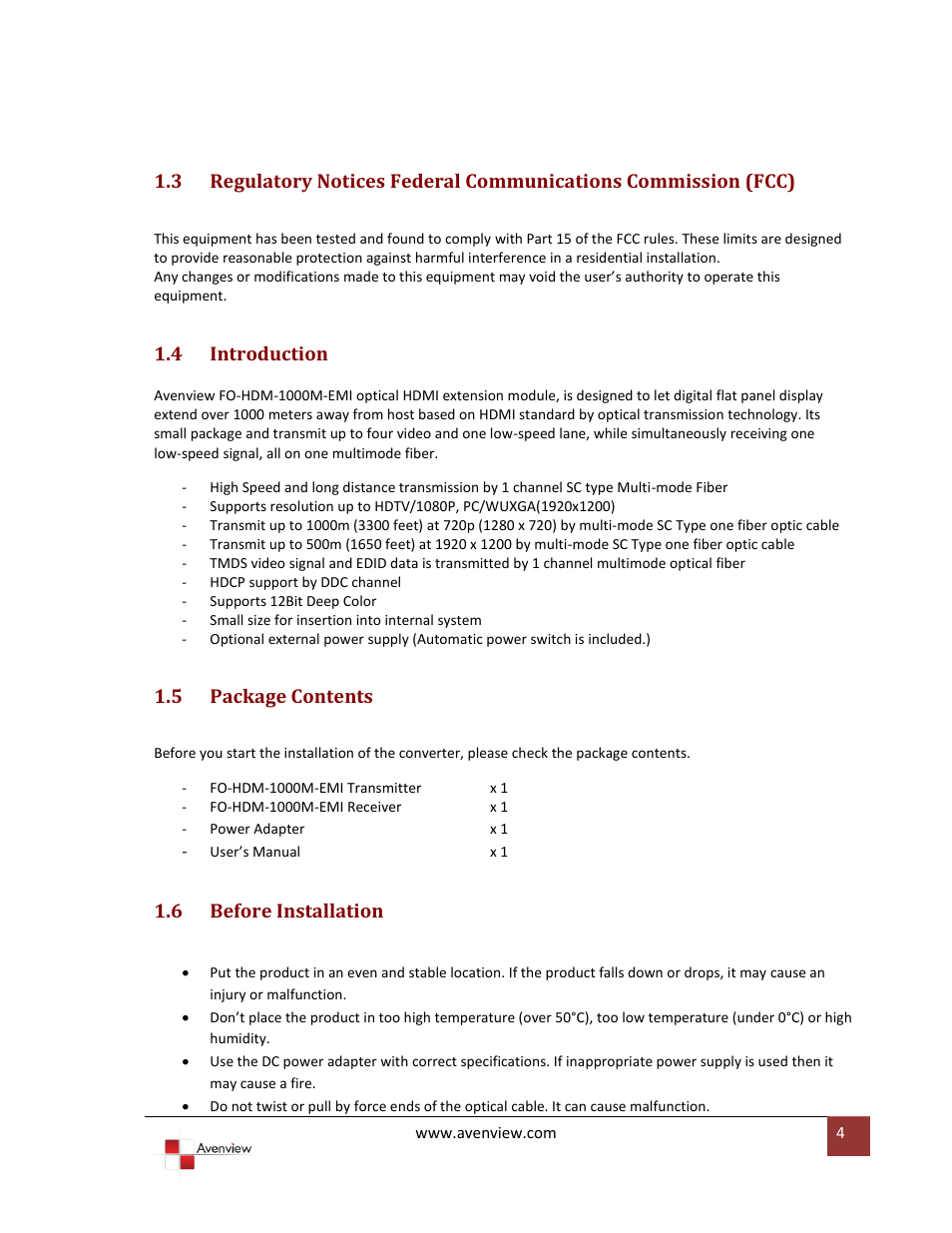 Introduction, Package contents, Before installation | 4 introduction, 5 package contents, 6 before installation | Avenview FO-HDM-1000M-EMI User Manual | Page 4 / 10