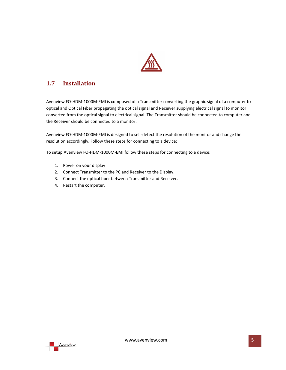 Installation | Avenview FO-HDM-1000M-EMI User Manual | Page 5 / 10