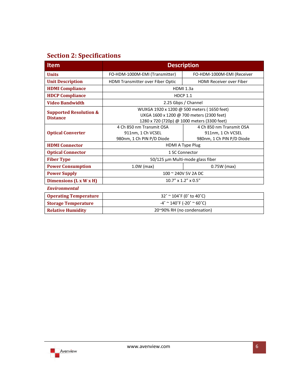 Section 2: specifications | Avenview FO-HDM-1000M-EMI User Manual | Page 6 / 10