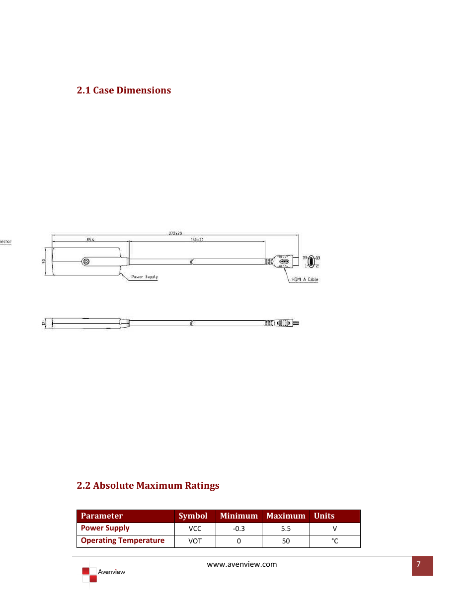 1 case dimensions, 2 absolute maximum ratings | Avenview FO-HDM-1000M-EMI User Manual | Page 7 / 10