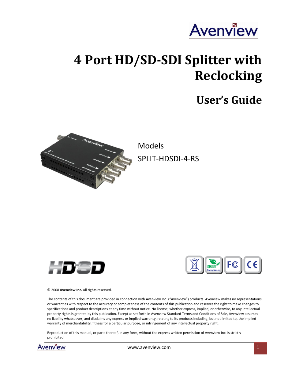 Avenview SPLIT-HDSDI-4-RS User Manual | 8 pages