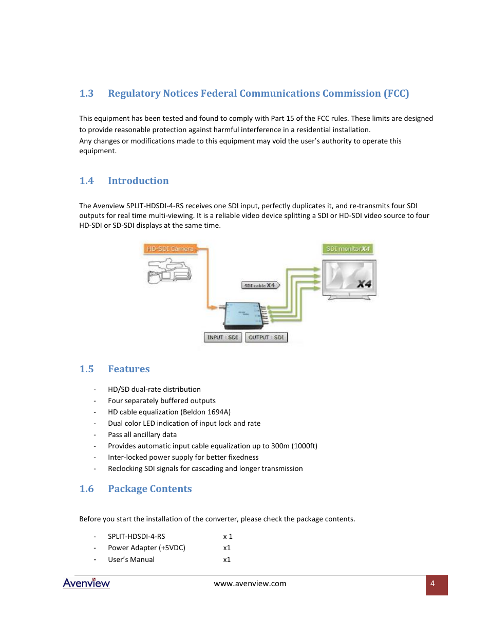 Introduction, Features, Package contents | 4 introduction, 5 features, 6 package contents | Avenview SPLIT-HDSDI-4-RS User Manual | Page 4 / 8