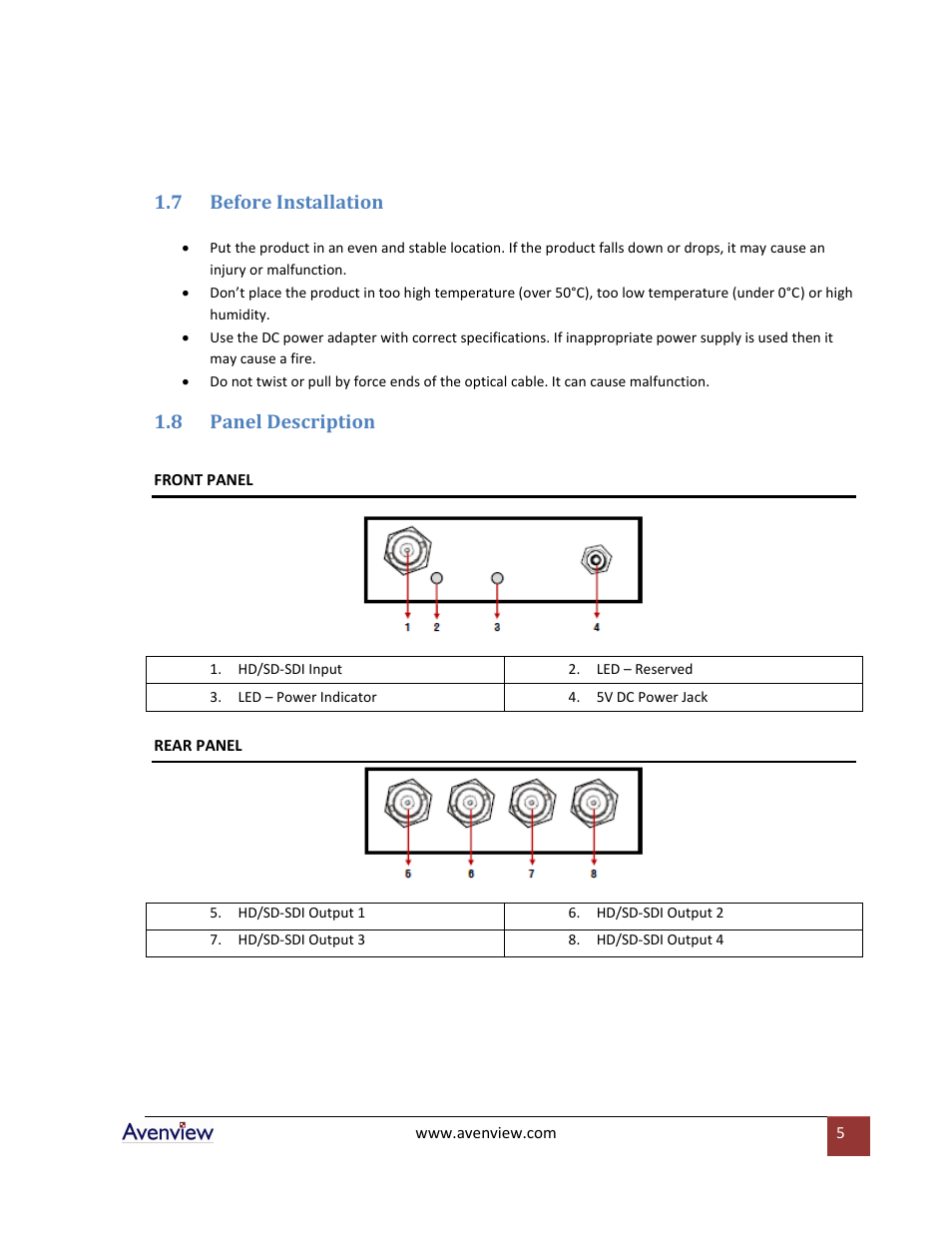 Before installation, Panel description, 7 before installation | 8 panel description | Avenview SPLIT-HDSDI-4-RS User Manual | Page 5 / 8