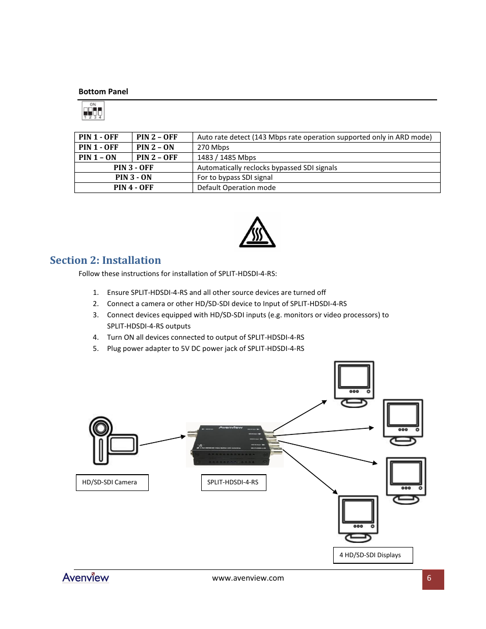 Section 2: installation | Avenview SPLIT-HDSDI-4-RS User Manual | Page 6 / 8