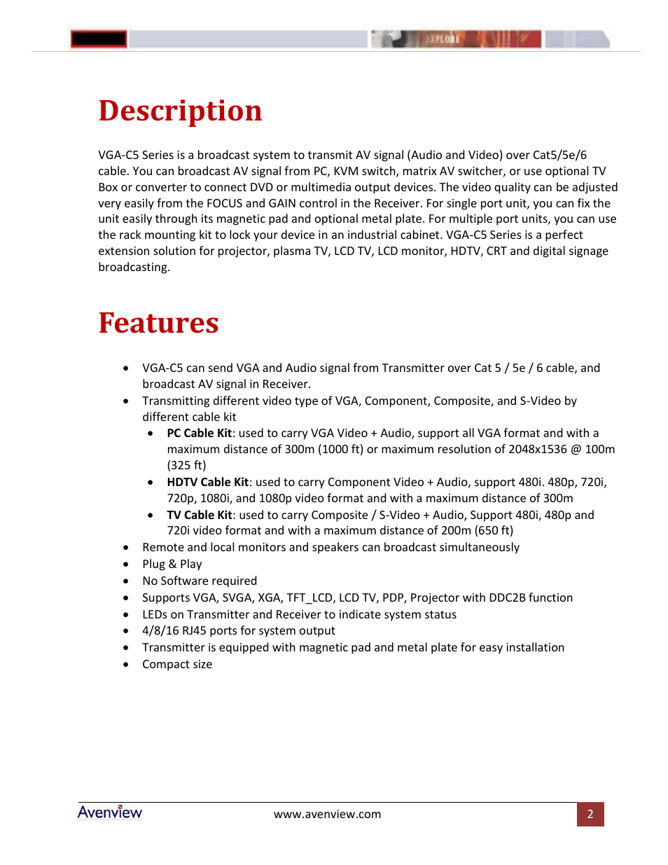 Description, Features | Avenview VGA-C5-4-SR User Manual | Page 2 / 8