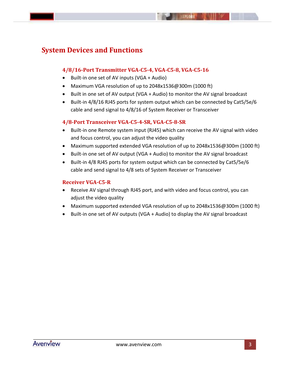 System devices and functions | Avenview VGA-C5-4-SR User Manual | Page 3 / 8