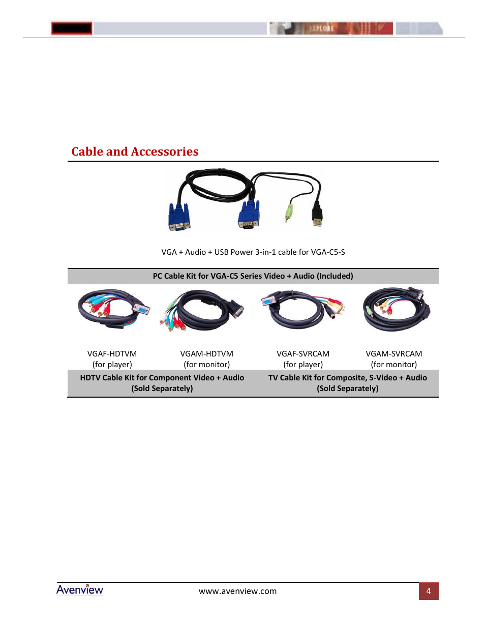 Cable and accessories | Avenview VGA-C5-4-SR User Manual | Page 4 / 8