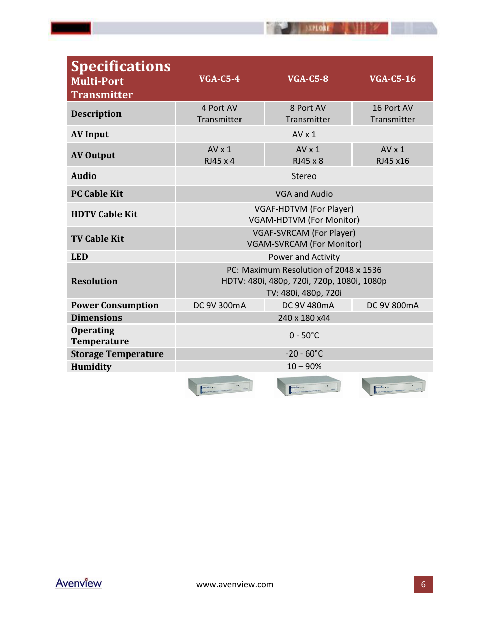 Specifications | Avenview VGA-C5-4-SR User Manual | Page 6 / 8