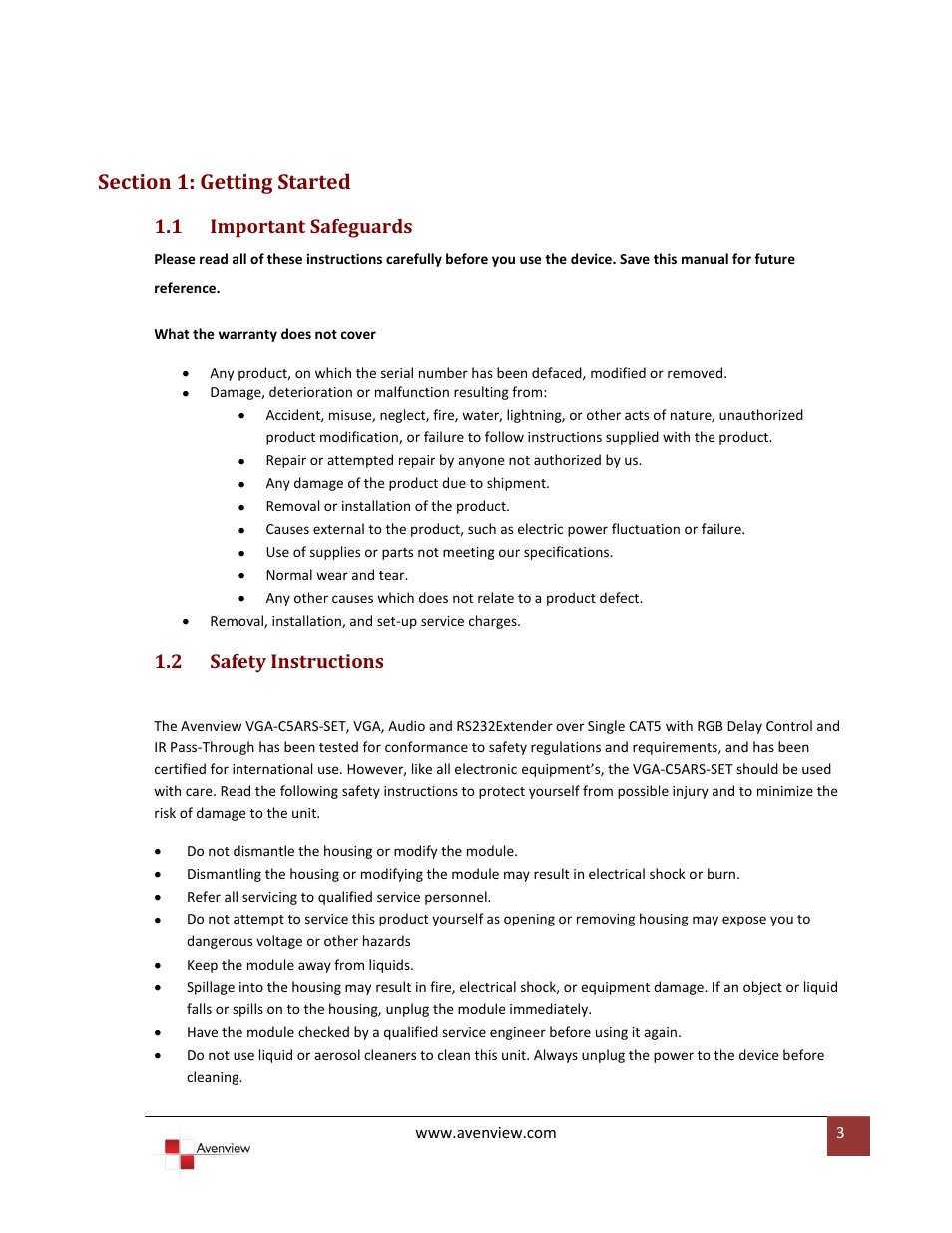 Section 1: getting started, 1 important safeguards, 2 safety instructions | Important safeguards, Safety instructions | Avenview FAIL-SAFE VR 2000 User Manual | Page 3 / 12