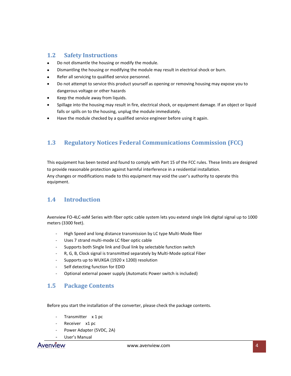 Safety instructions, Introduction, Package contents | 2 safety instructions, 4 introduction, 5 package contents | Avenview FO-4LC-xxM Series User Manual | Page 4 / 9