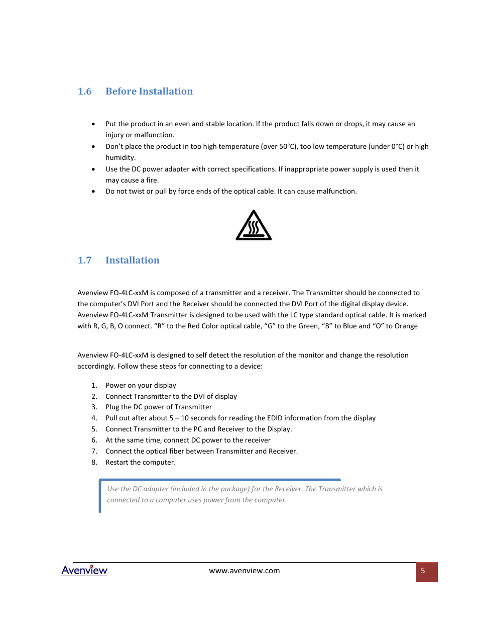 Before installation, Installation, 6 before installation | 7 installation | Avenview FO-4LC-xxM Series User Manual | Page 5 / 9
