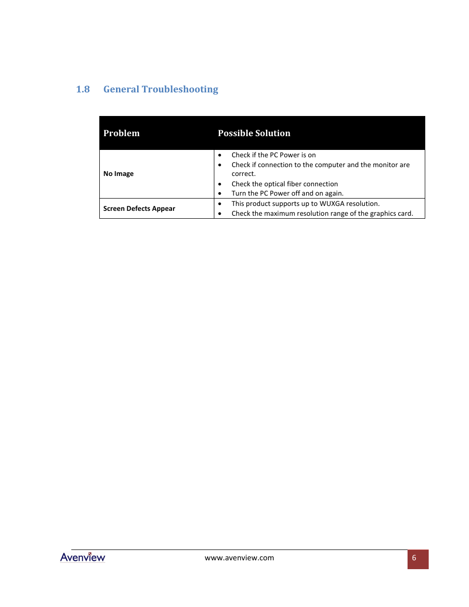 General troubleshooting, 8 general troubleshooting | Avenview FO-4LC-xxM Series User Manual | Page 6 / 9