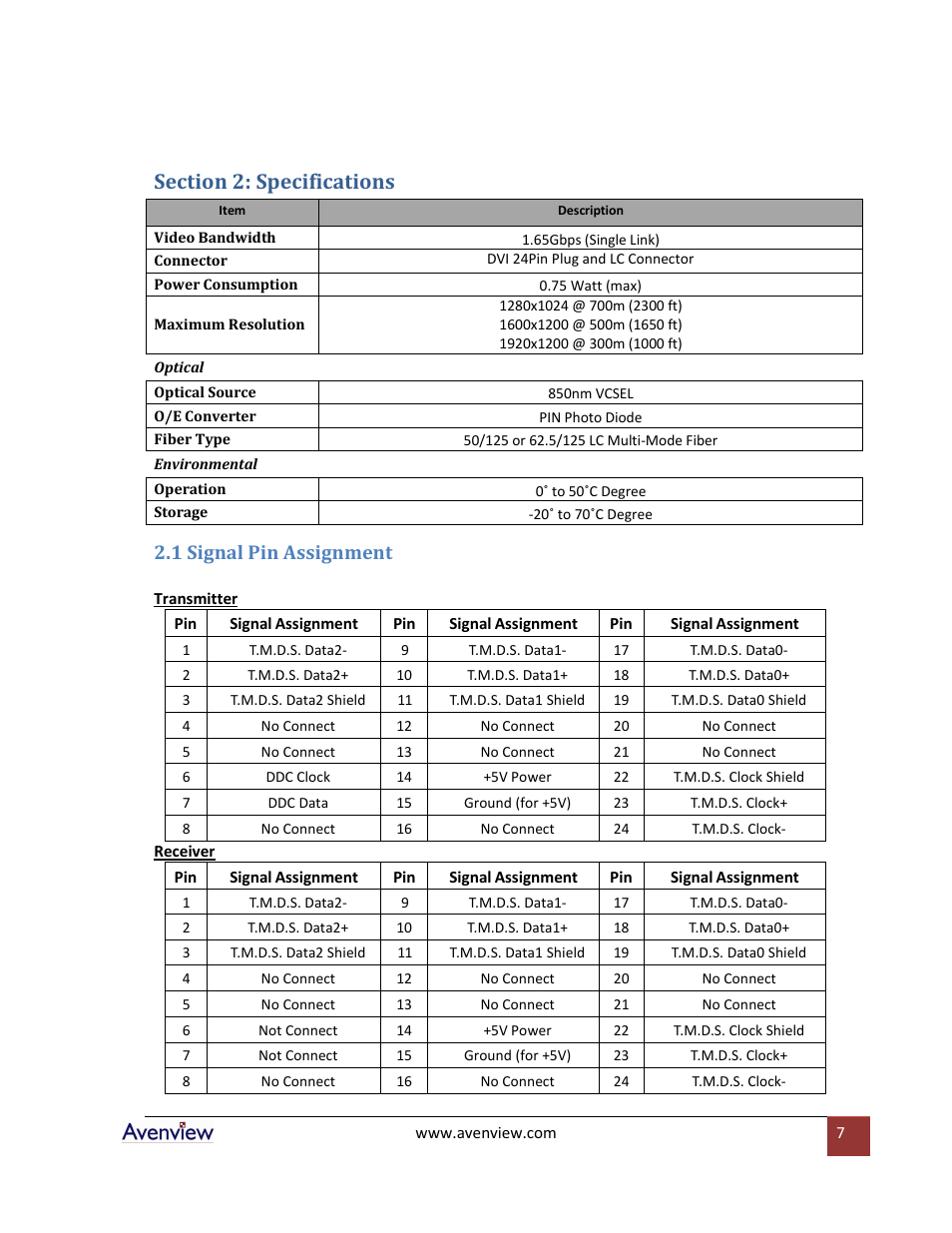 Section 2: specifications, 1 signal pin assignment | Avenview FO-4LC-xxM Series User Manual | Page 7 / 9