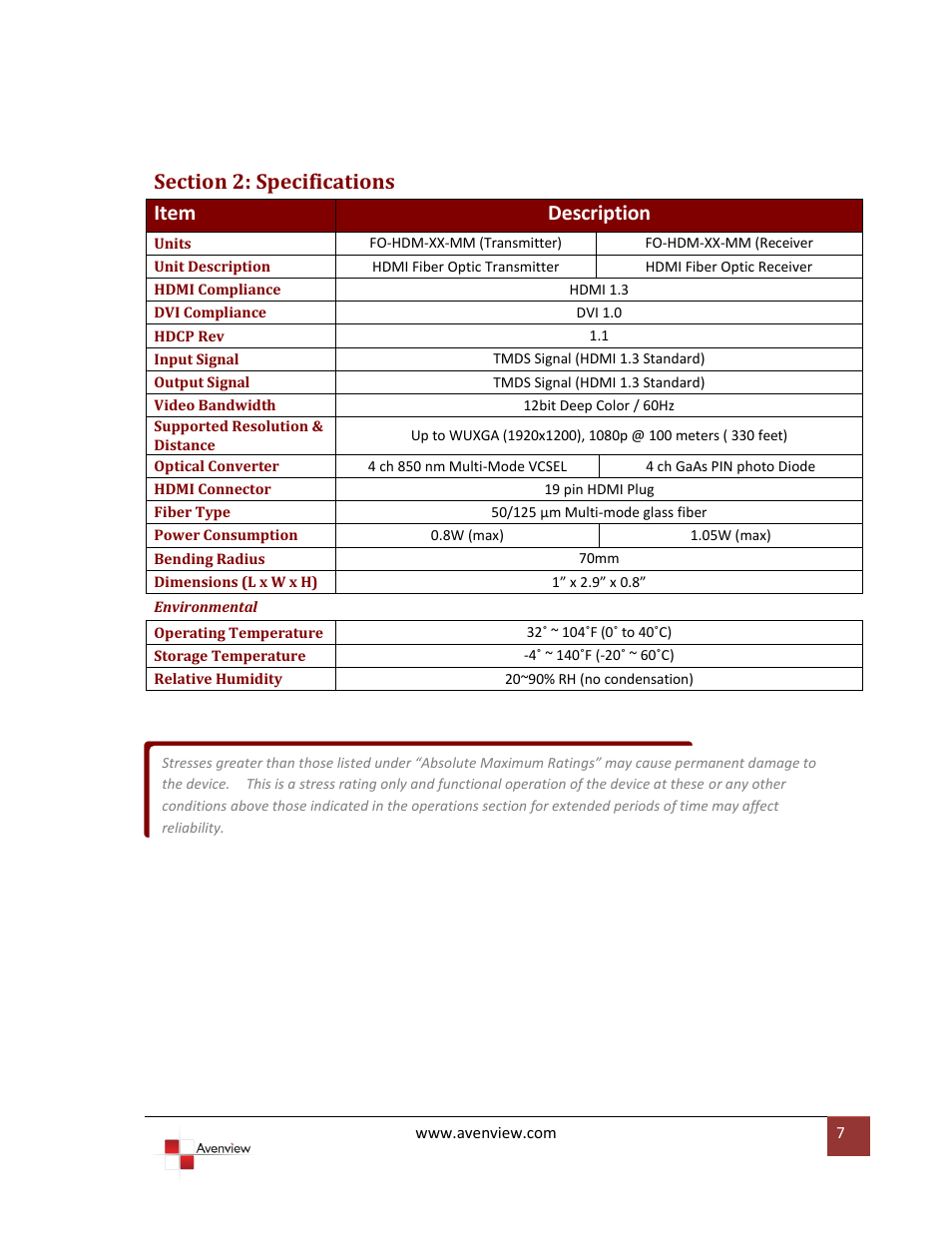 Section 2: specifications | Avenview FO-HDM-XX-MM User Manual | Page 7 / 12