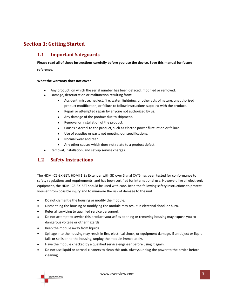 Section 1: getting started, Important safeguards, Safety instructions | 1 important safeguards, 2 safety instructions | Avenview HDMI-C5-3X-SET User Manual | Page 3 / 10