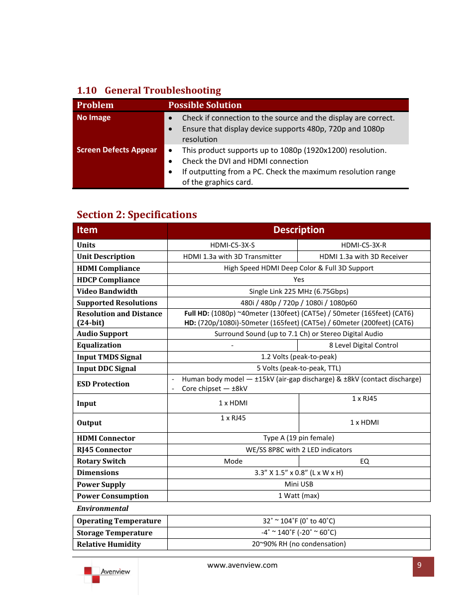 General troubleshooting, Section 2: specifications, 10 general troubleshooting | Avenview HDMI-C5-3X-SET User Manual | Page 9 / 10