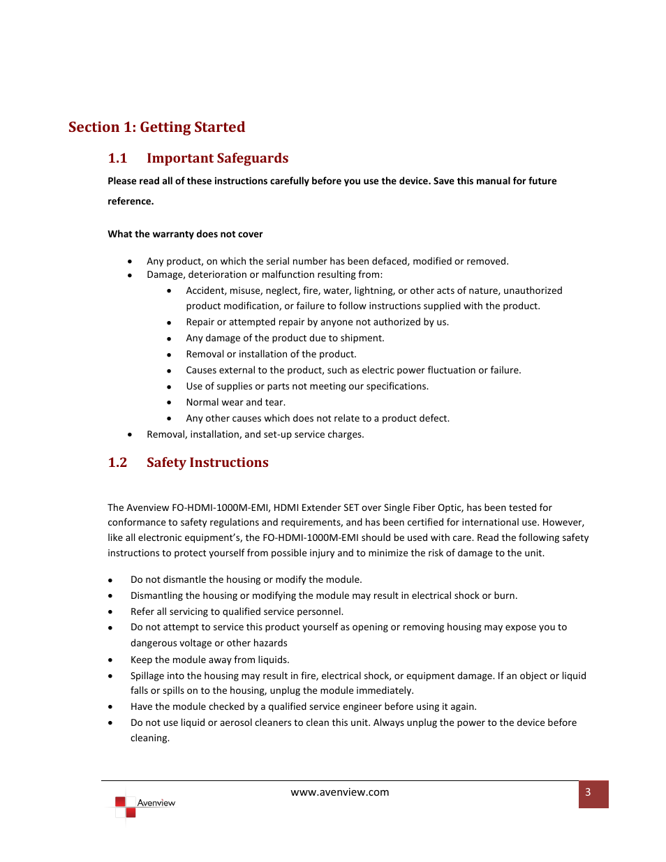 Section 1: getting started, Important safeguards, Safety instructions | 1 important safeguards, 2 safety instructions | Avenview FO-HDMI-1000M-EMI User Manual | Page 3 / 9