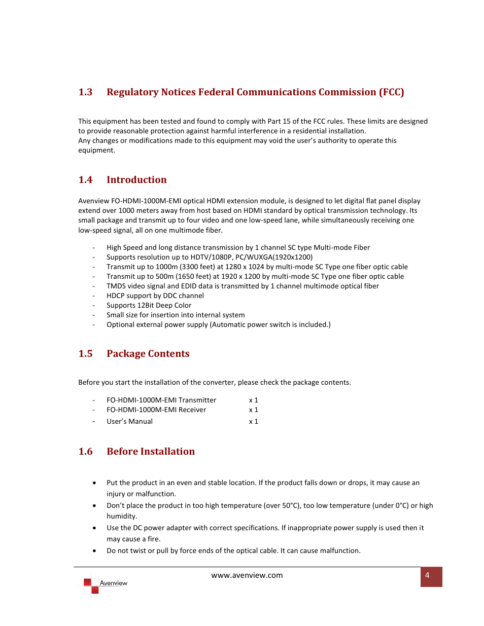 Introduction, Package contents, Before installation | 4 introduction, 5 package contents, 6 before installation | Avenview FO-HDMI-1000M-EMI User Manual | Page 4 / 9